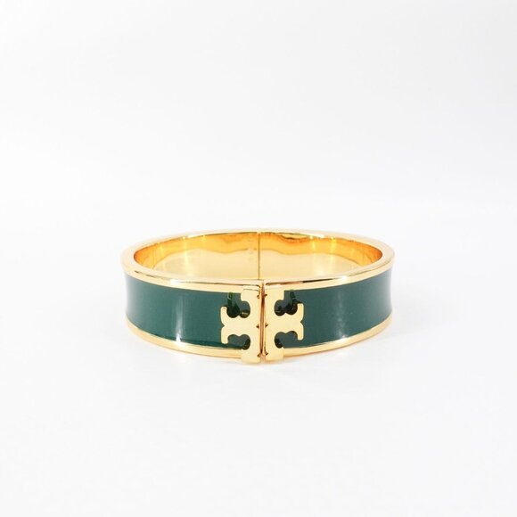 Tory Burch Enameled Kira Logo Hinged Bracelet Gold/ Green OS - Picture 8 of 12
